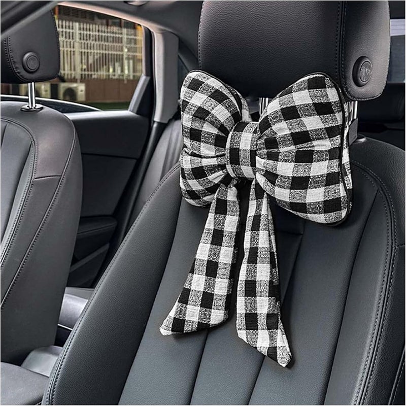 Figpade 2026 New Bow Car Neck Pillow,Stylish Car Headrest Pillow with Black & White Check for Cars Decorations,Breathable Comfortable Neck Pillows for Cars as Halloween - Image 1